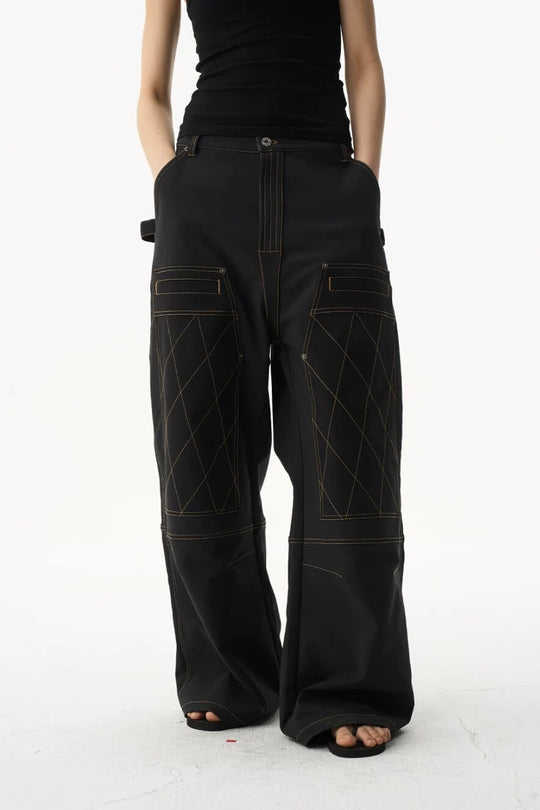EXITMODE BY BLIND NO PLAN Contrast Quilted Stitch Double Knee Baggy Pants | Face 3 Face