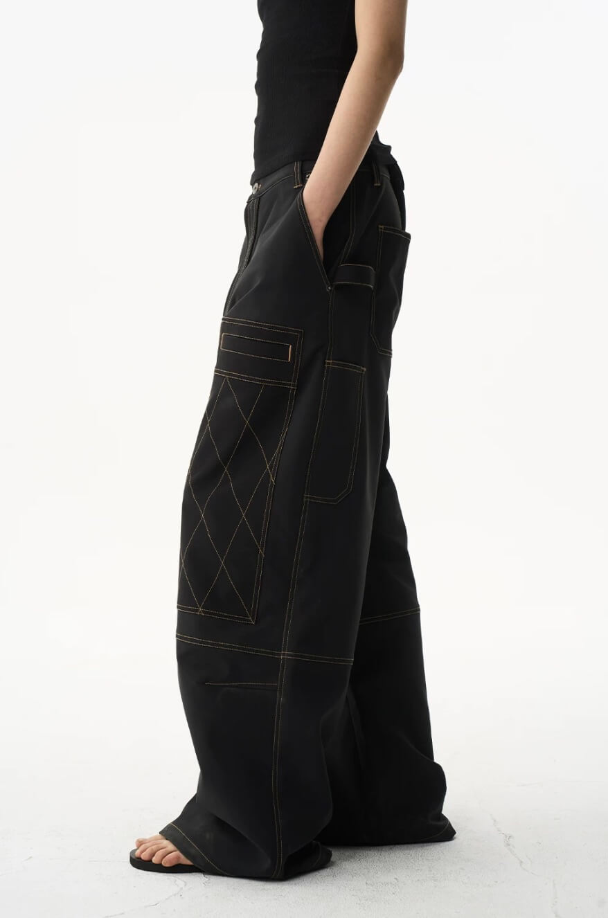 EXITMODE BY BLIND NO PLAN Contrast Quilted Stitch Double Knee Baggy Pants | Face 3 Face