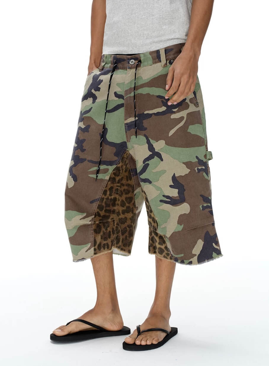 EXITMODE BY BLIND NO PLAN Camo Leopard Color Block Patchwork Baggy Work Shorts | Face 3 Face