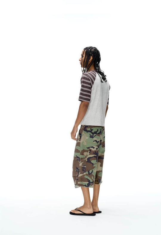 EXITMODE BY BLIND NO PLAN Camo Leopard Color Block Patchwork Baggy Work Shorts | Face 3 Face