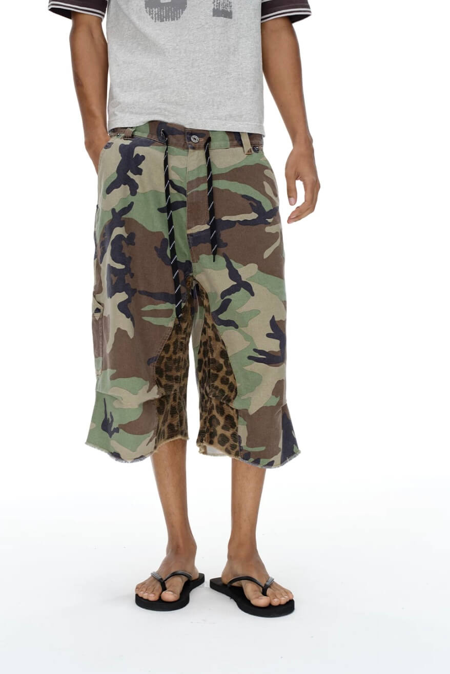 EXITMODE BY BLIND NO PLAN Camo Leopard Color Block Patchwork Baggy Work Shorts | Face 3 Face