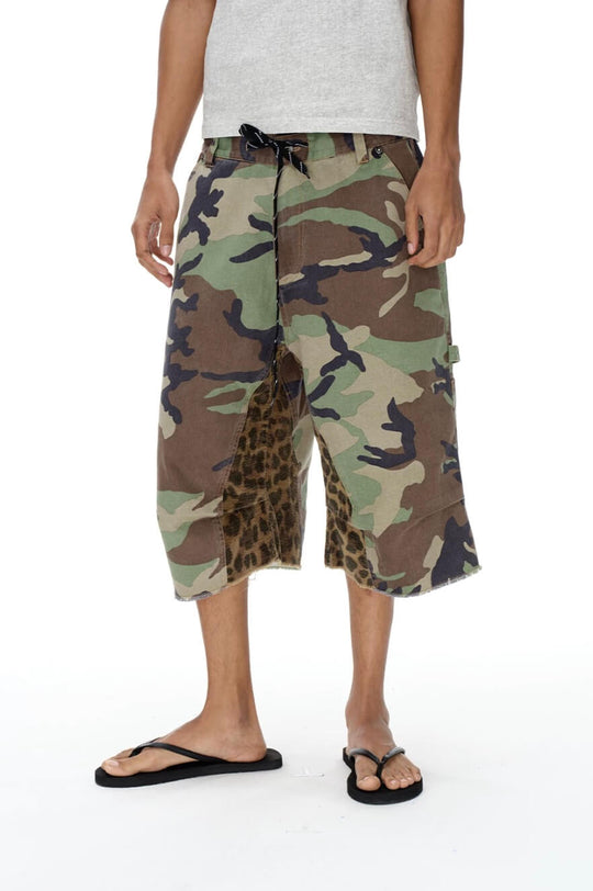 EXITMODE BY BLIND NO PLAN Camo Leopard Color Block Patchwork Baggy Work Shorts | Face 3 Face