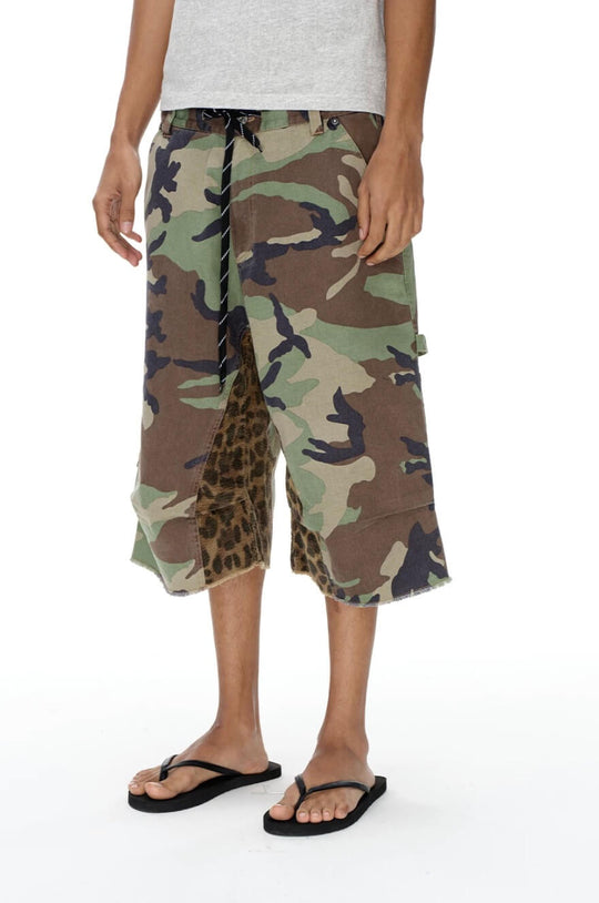 EXITMODE BY BLIND NO PLAN Camo Leopard Color Block Patchwork Baggy Work Shorts | Face 3 Face