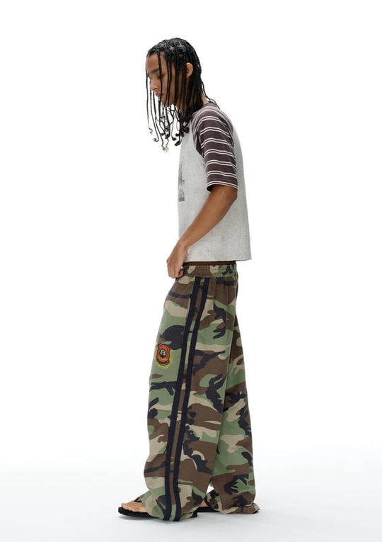 EXITMODE BY BLIND NO PLAN Double Waist Camo Wash Stripe Baggy Pants | Face 3 Face