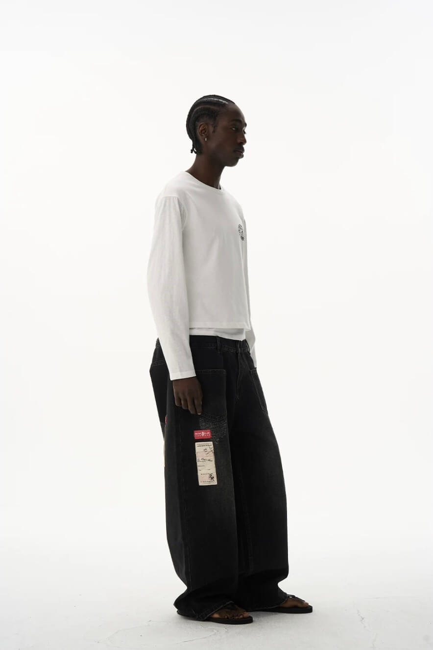 EXITMODE BY BLIND NO PLAN Double Waist Washed Patch Embroidered Baggy Jeans | Face 3 Face