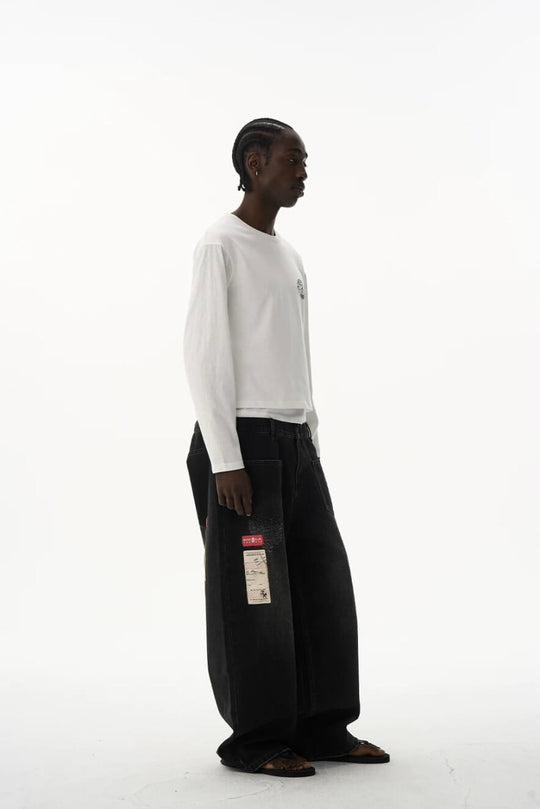 EXITMODE BY BLIND NO PLAN Double Waist Washed Patch Embroidered Baggy Jeans | Face 3 Face