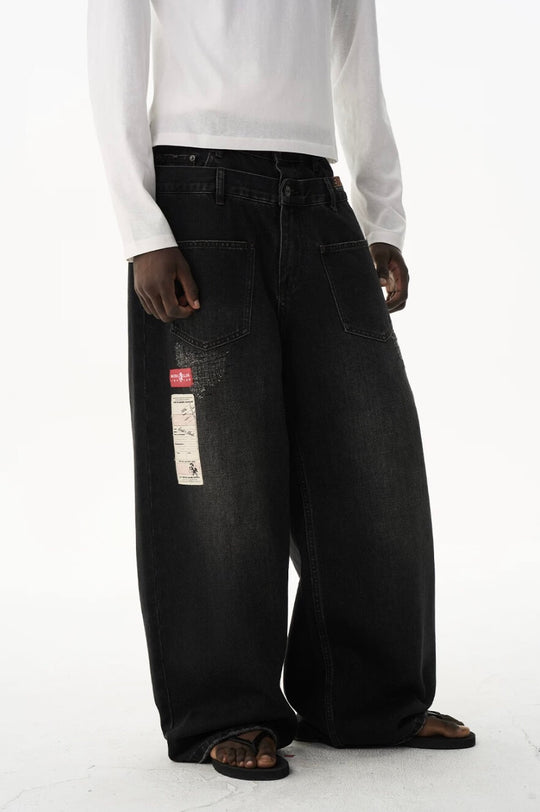 EXITMODE BY BLIND NO PLAN Double Waist Washed Patch Embroidered Baggy Jeans | Face 3 Face