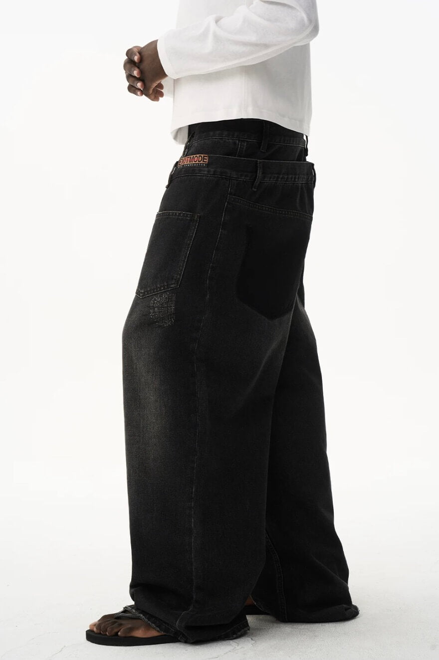 EXITMODE BY BLIND NO PLAN Double Waist Washed Patch Embroidered Baggy Jeans | Face 3 Face