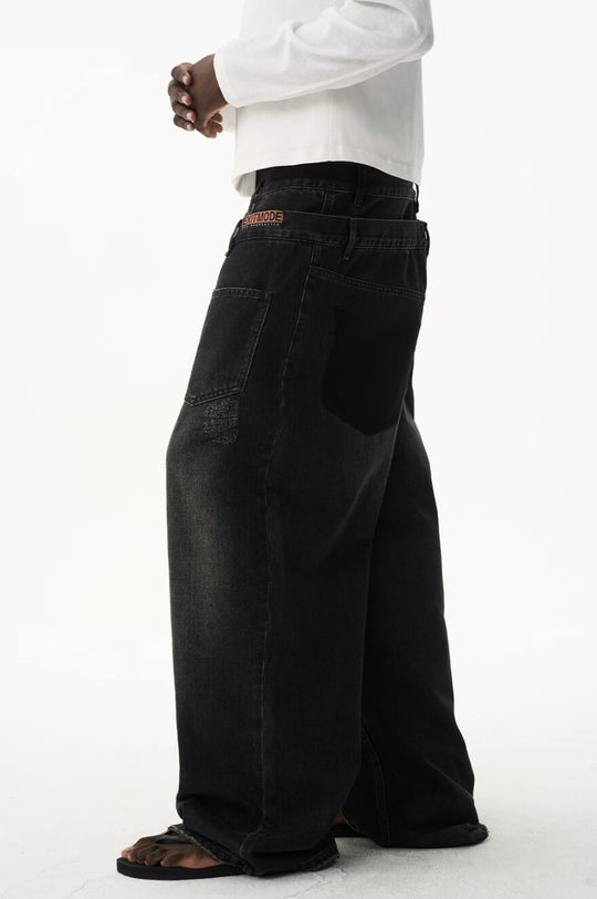 EXITMODE BY BLIND NO PLAN Double Waist Washed Patch Embroidered Baggy Jeans | Face 3 Face