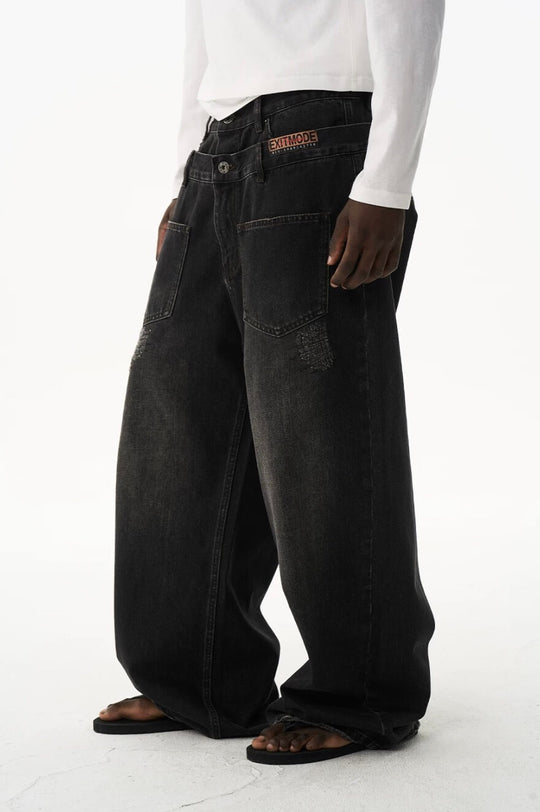 EXITMODE BY BLIND NO PLAN Double Waist Washed Patch Embroidered Baggy Jeans | Face 3 Face