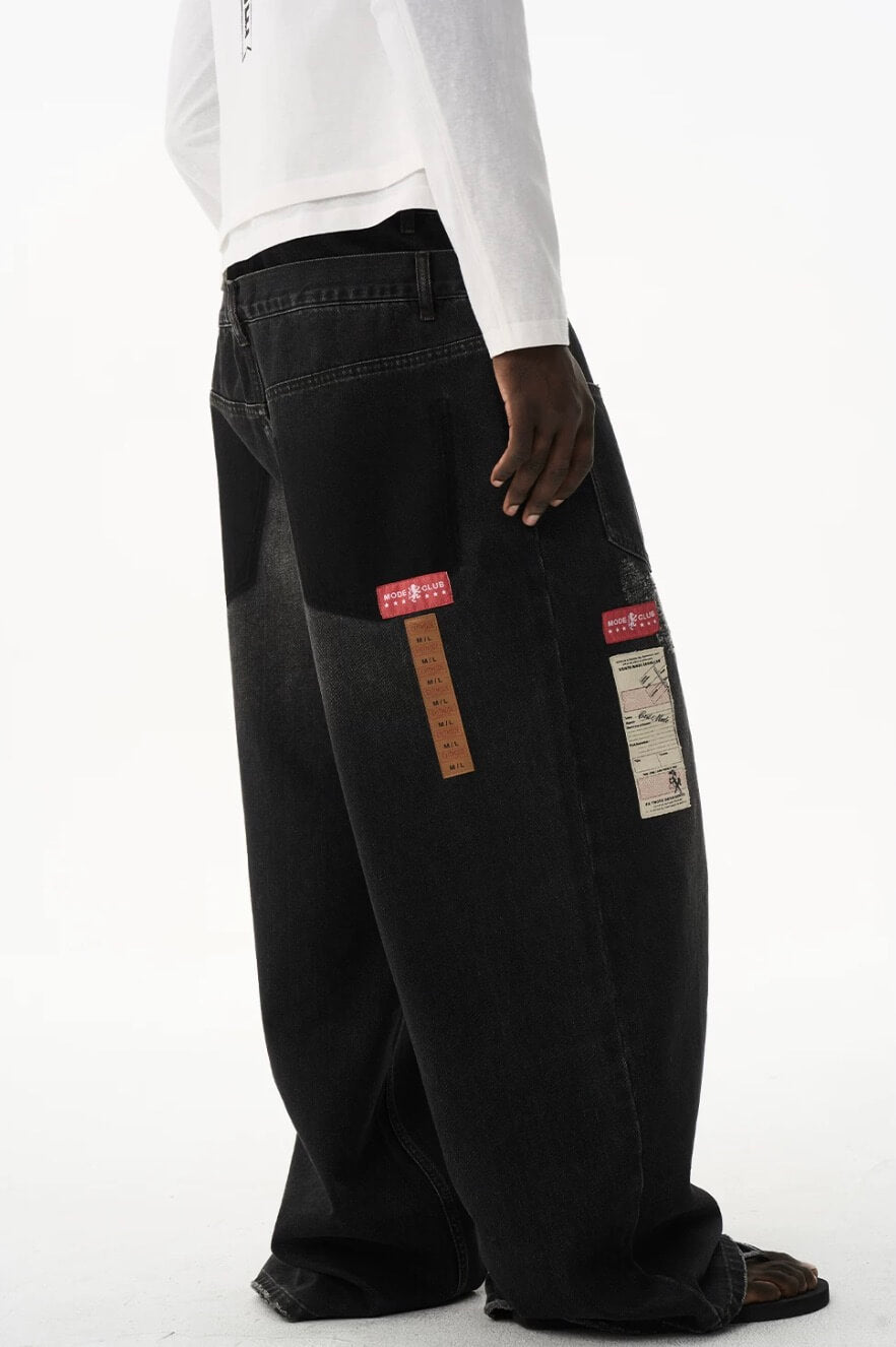 EXITMODE BY BLIND NO PLAN Double Waist Washed Patch Embroidered Baggy Jeans | Face 3 Face