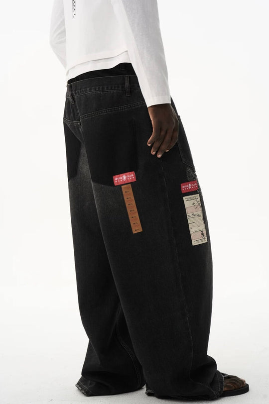 EXITMODE BY BLIND NO PLAN Double Waist Washed Patch Embroidered Baggy Jeans | Face 3 Face
