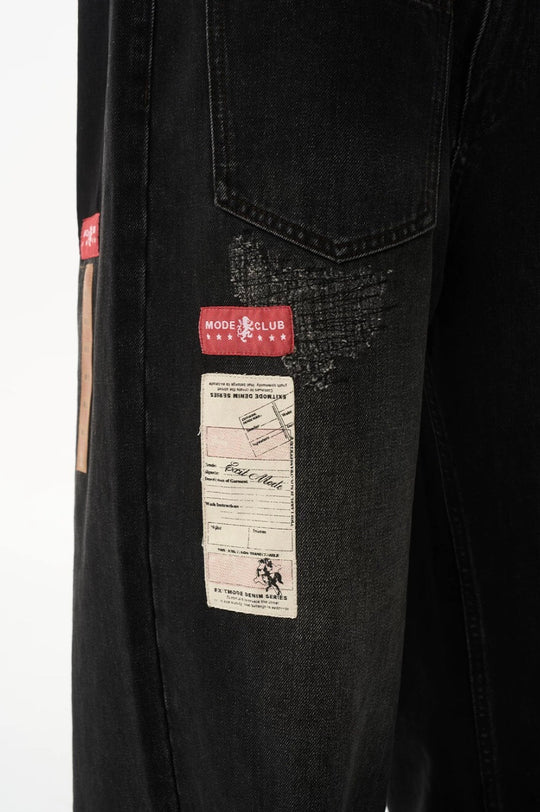 EXITMODE BY BLIND NO PLAN Double Waist Washed Patch Embroidered Baggy Jeans | Face 3 Face