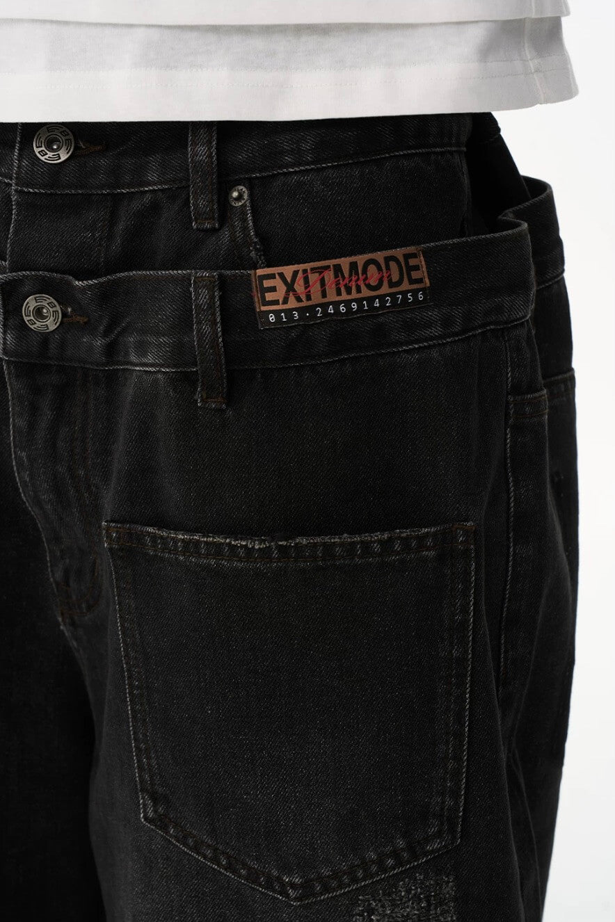 EXITMODE BY BLIND NO PLAN Double Waist Washed Patch Embroidered Baggy Jeans | Face 3 Face