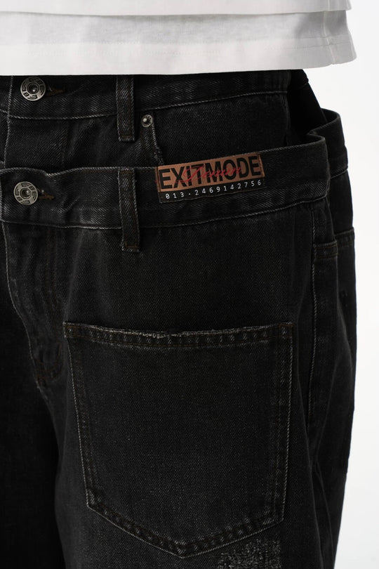 EXITMODE BY BLIND NO PLAN Double Waist Washed Patch Embroidered Baggy Jeans | Face 3 Face
