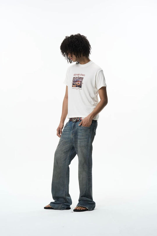 EXITMODE BY BLIND NO PLAN Washed Distressed Back Flap Pocket Flared Jeans | Face 3 Face