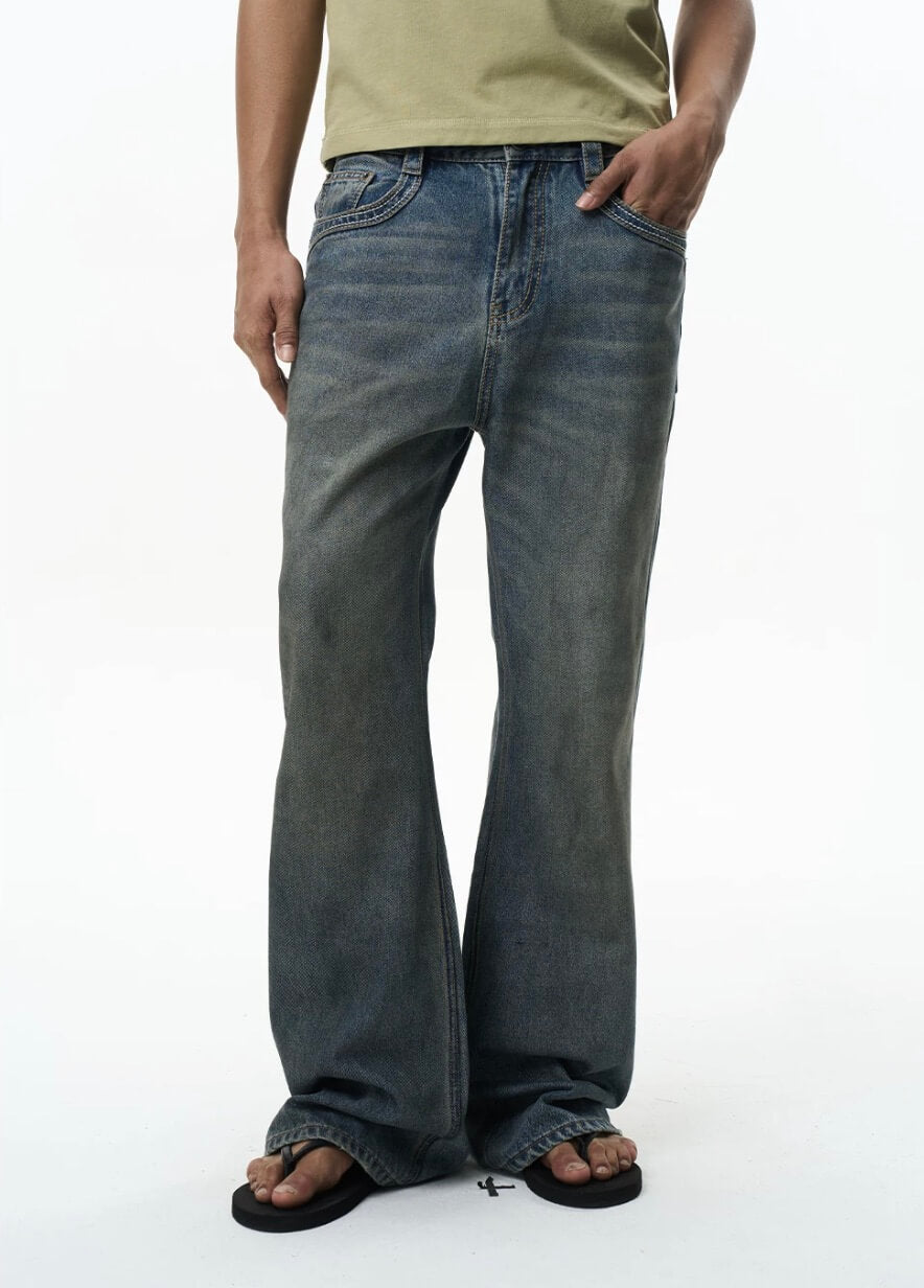 EXITMODE BY BLIND NO PLAN Washed Distressed Back Flap Pocket Flared Jeans | Face 3 Face
