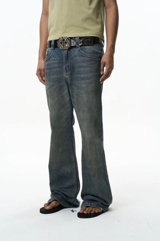 EXITMODE BY BLIND NO PLAN Washed Distressed Back Flap Pocket Flared Jeans | Face 3 Face