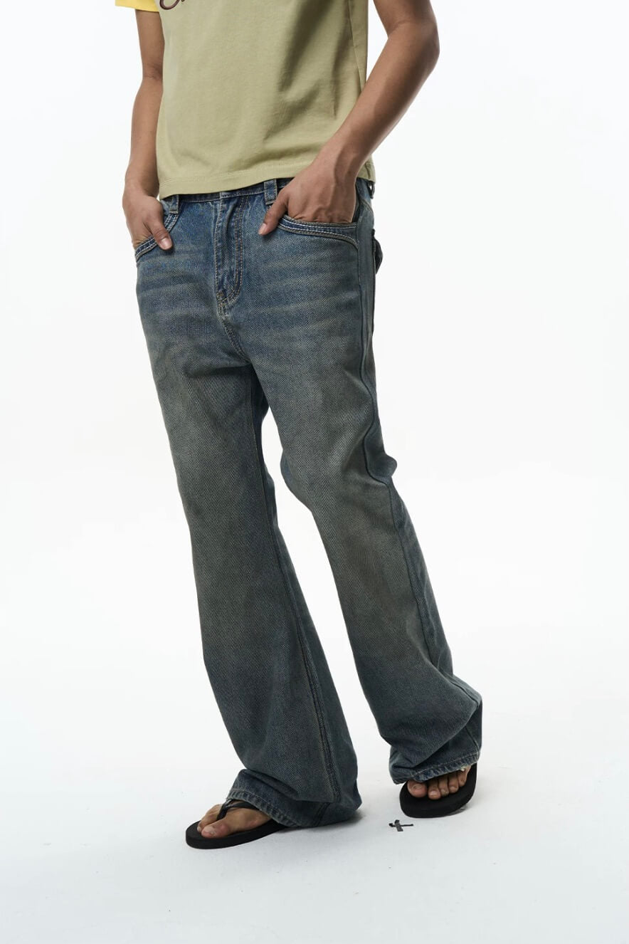 EXITMODE BY BLIND NO PLAN Washed Distressed Back Flap Pocket Flared Jeans | Face 3 Face
