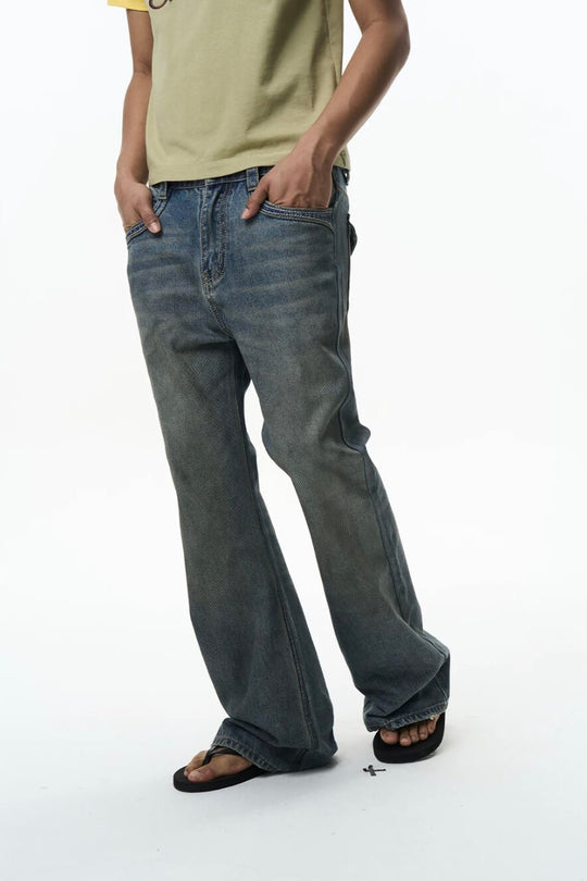 EXITMODE BY BLIND NO PLAN Washed Distressed Back Flap Pocket Flared Jeans | Face 3 Face