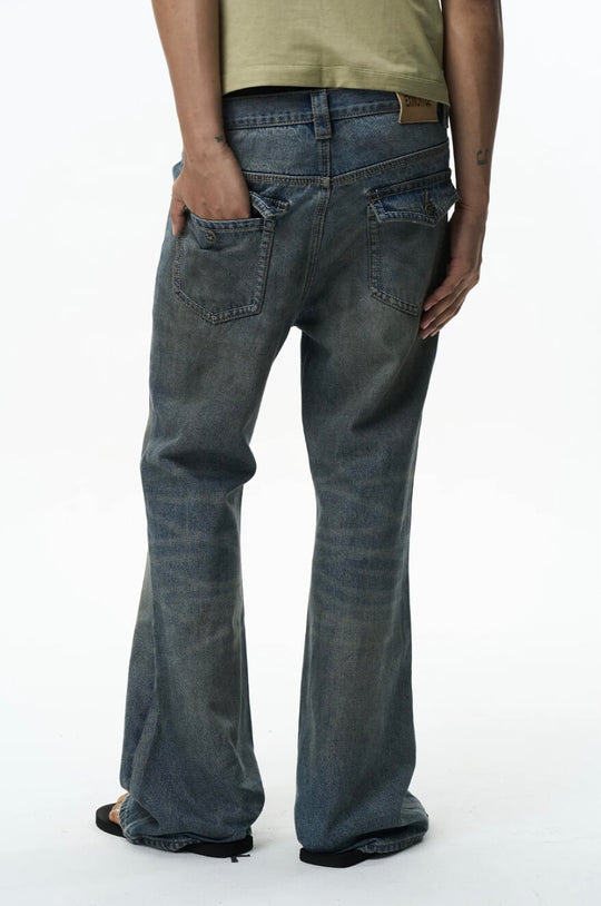 EXITMODE BY BLIND NO PLAN Washed Distressed Back Flap Pocket Flared Jeans | Face 3 Face