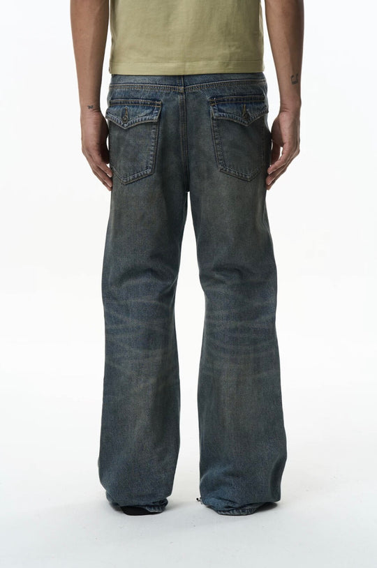 EXITMODE BY BLIND NO PLAN Washed Distressed Back Flap Pocket Flared Jeans | Face 3 Face