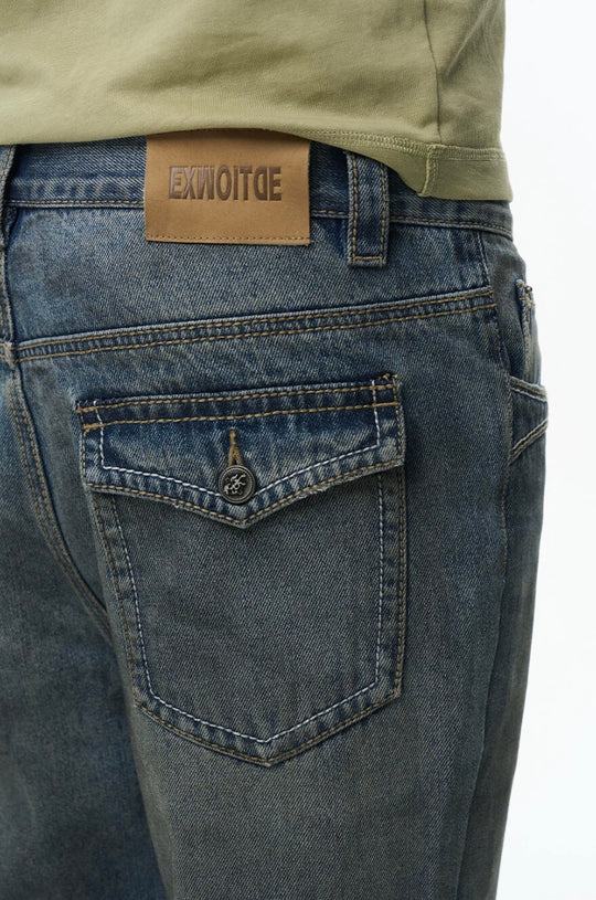 EXITMODE BY BLIND NO PLAN Washed Distressed Back Flap Pocket Flared Jeans | Face 3 Face