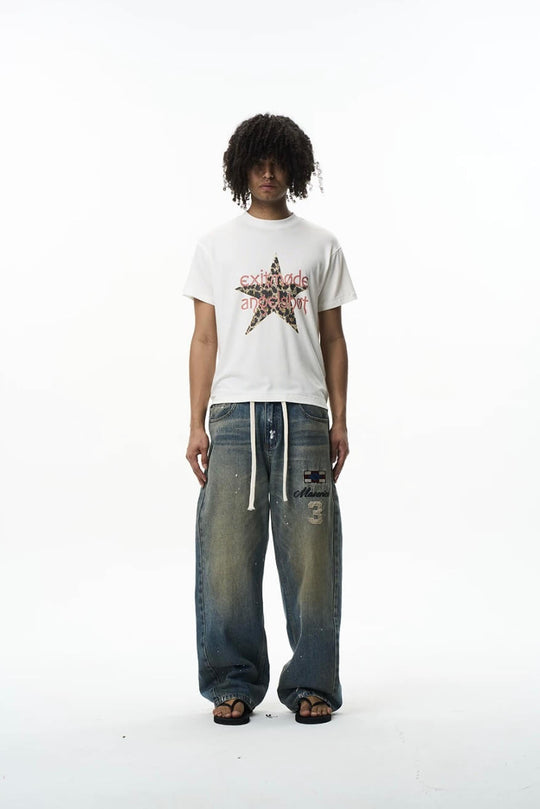 EXITMODE BY BLIND NO PLAN Washed Patch Embroidered Drawstring Baggy Jeans | Face 3 Face