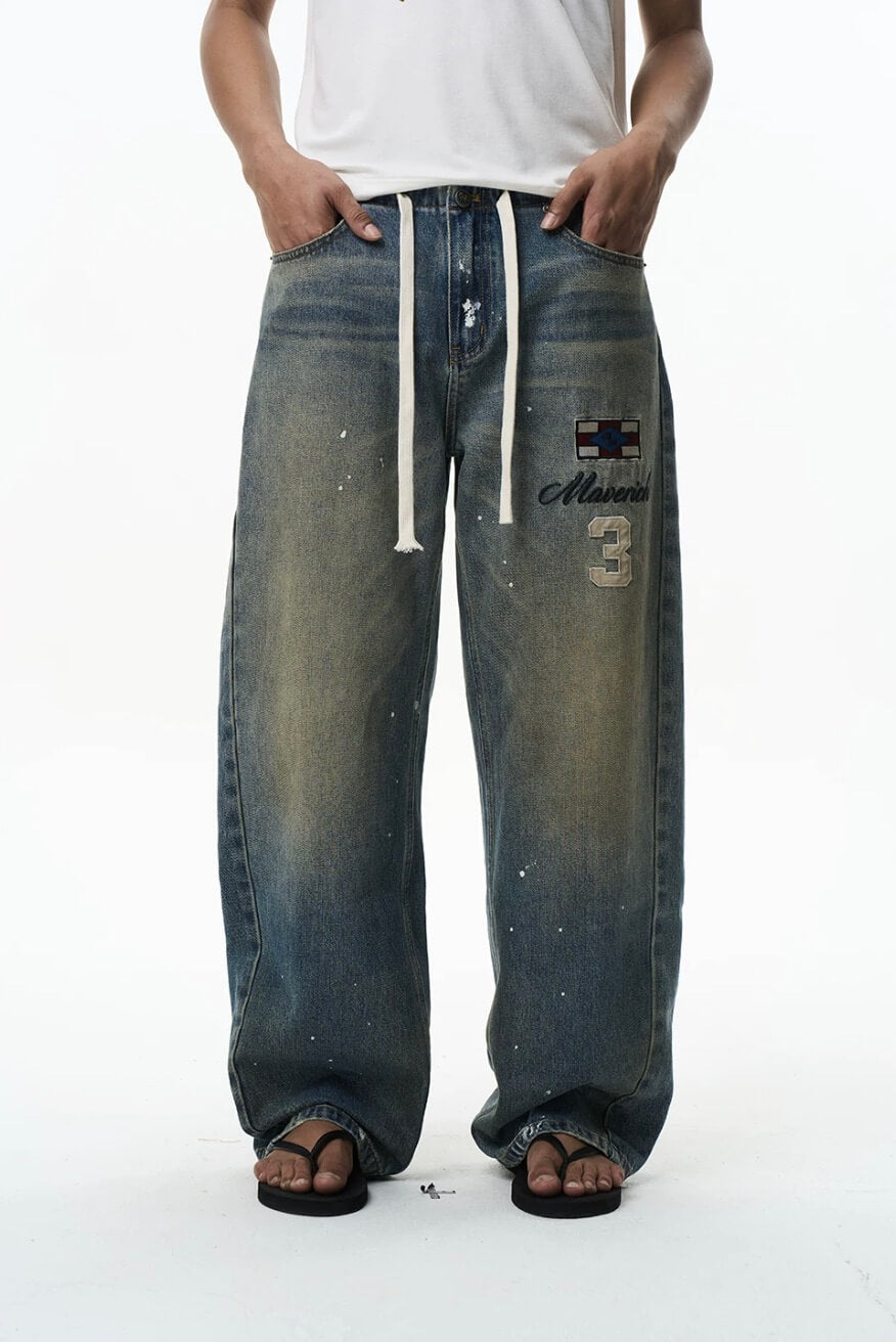 EXITMODE BY BLIND NO PLAN Washed Patch Embroidered Drawstring Baggy Jeans | Face 3 Face