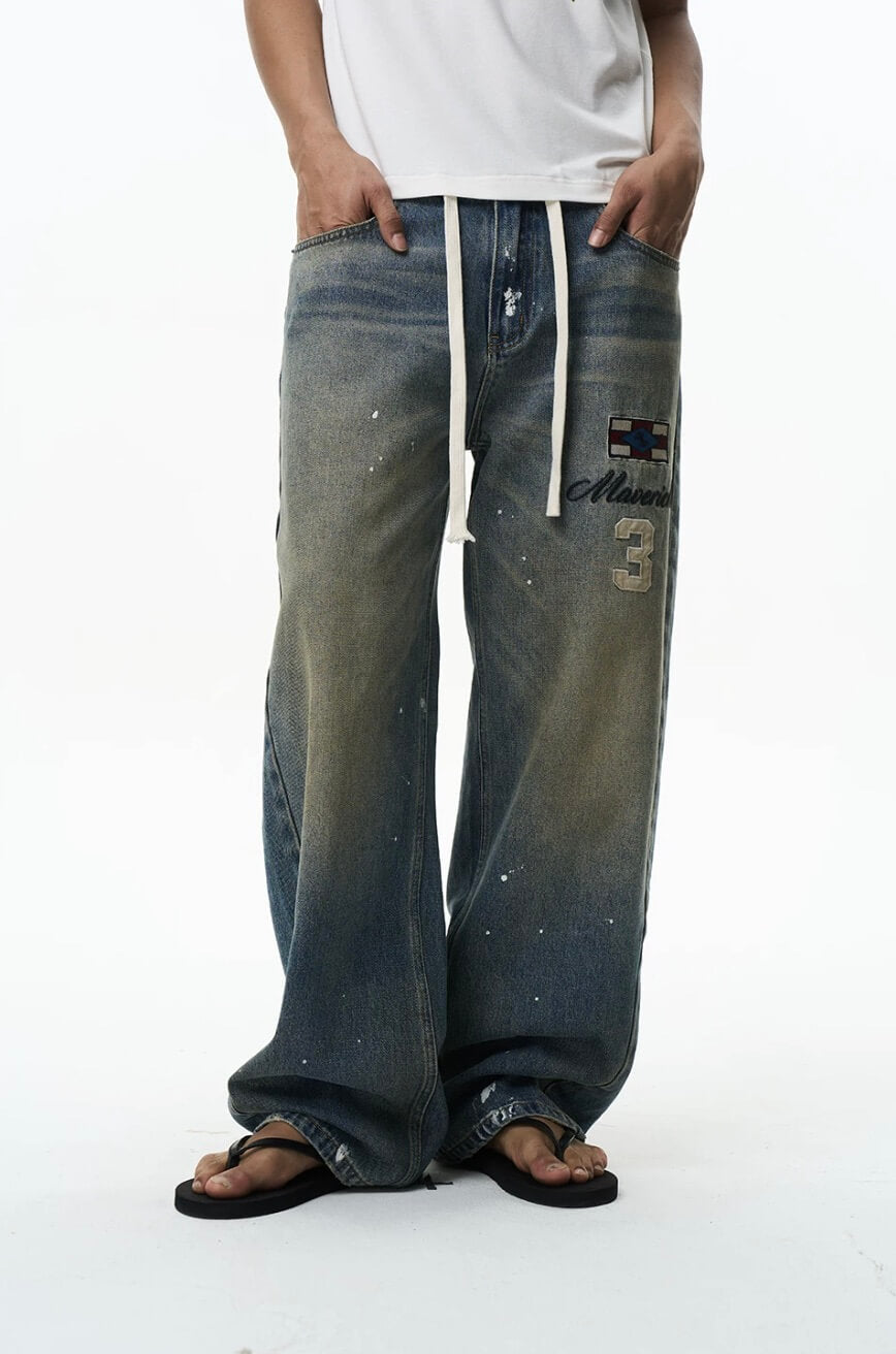 EXITMODE BY BLIND NO PLAN Washed Patch Embroidered Drawstring Baggy Jeans | Face 3 Face