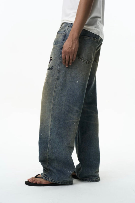 EXITMODE BY BLIND NO PLAN Washed Patch Embroidered Drawstring Baggy Jeans | Face 3 Face