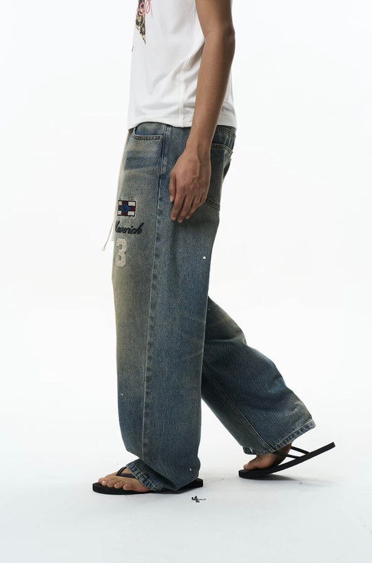 EXITMODE BY BLIND NO PLAN Washed Patch Embroidered Drawstring Baggy Jeans | Face 3 Face