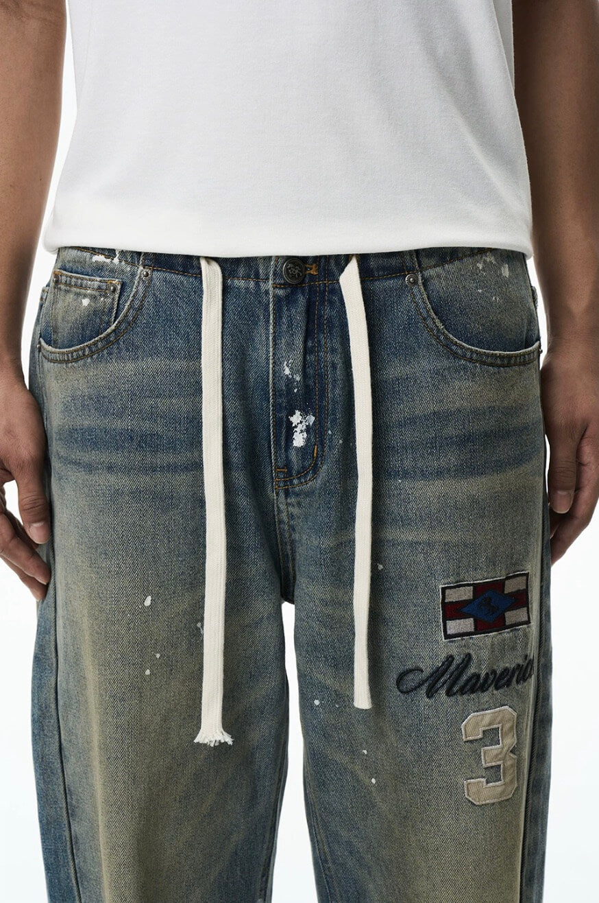 EXITMODE BY BLIND NO PLAN Washed Patch Embroidered Drawstring Baggy Jeans | Face 3 Face
