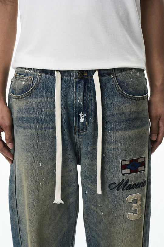 EXITMODE BY BLIND NO PLAN Washed Patch Embroidered Drawstring Baggy Jeans | Face 3 Face