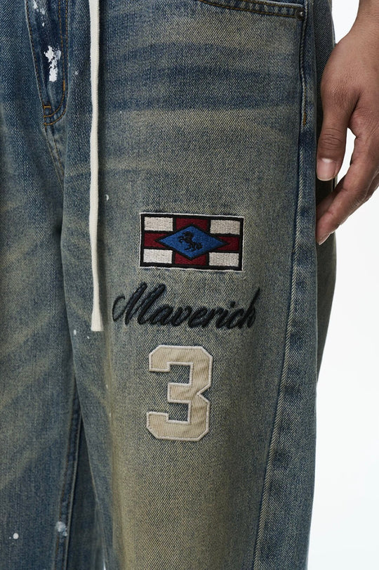 EXITMODE BY BLIND NO PLAN Washed Patch Embroidered Drawstring Baggy Jeans | Face 3 Face
