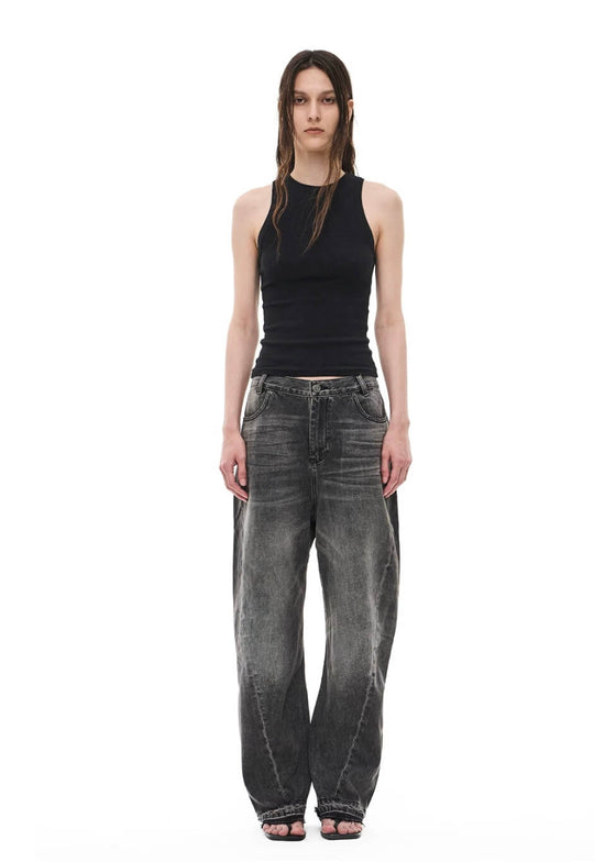 EXITMODE BY BLIND NO PLAN Black Washed Distressed Curved Jeans | Face 3 Face