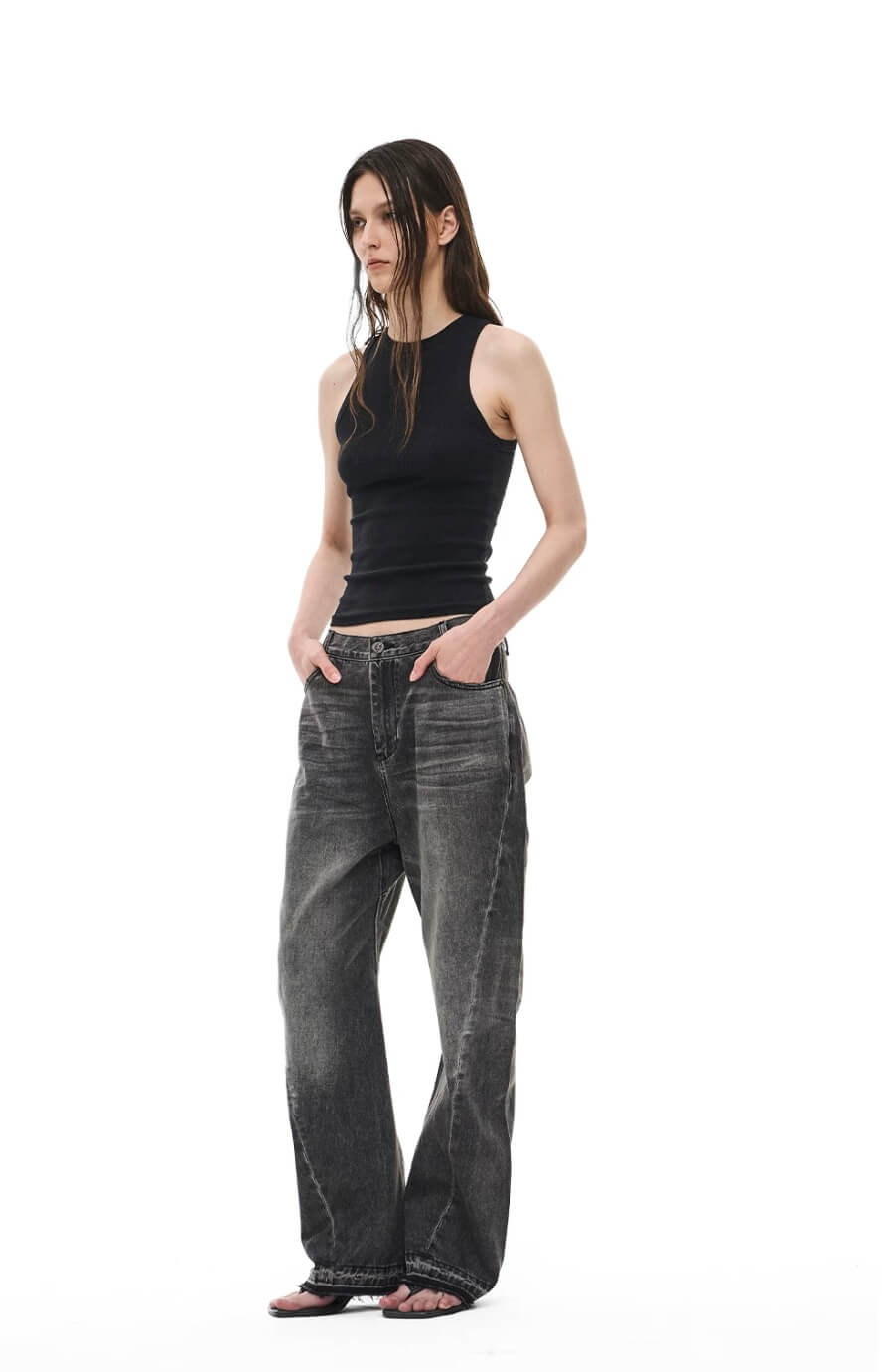 EXITMODE BY BLIND NO PLAN Black Washed Distressed Curved Jeans | Face 3 Face