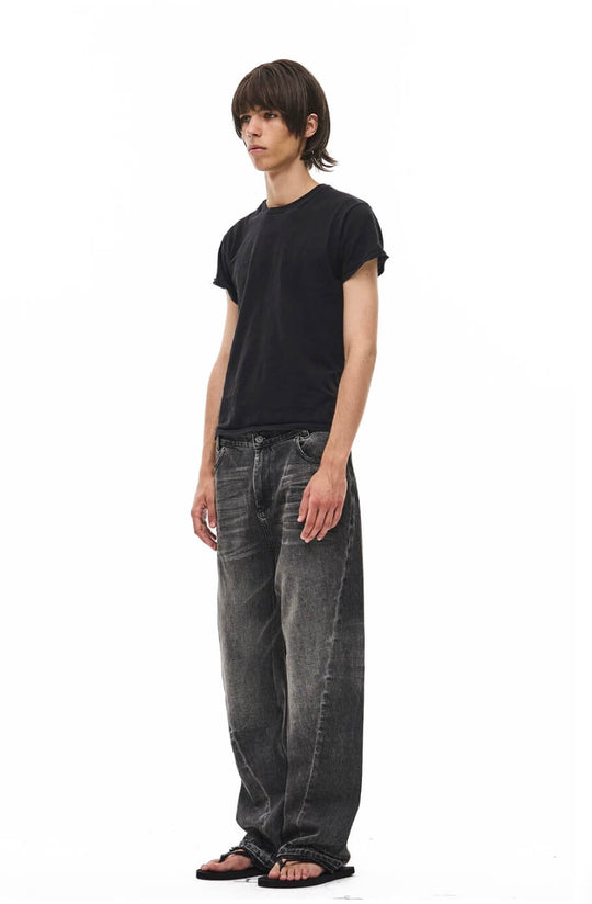 EXITMODE BY BLIND NO PLAN Black Washed Distressed Curved Jeans | Face 3 Face