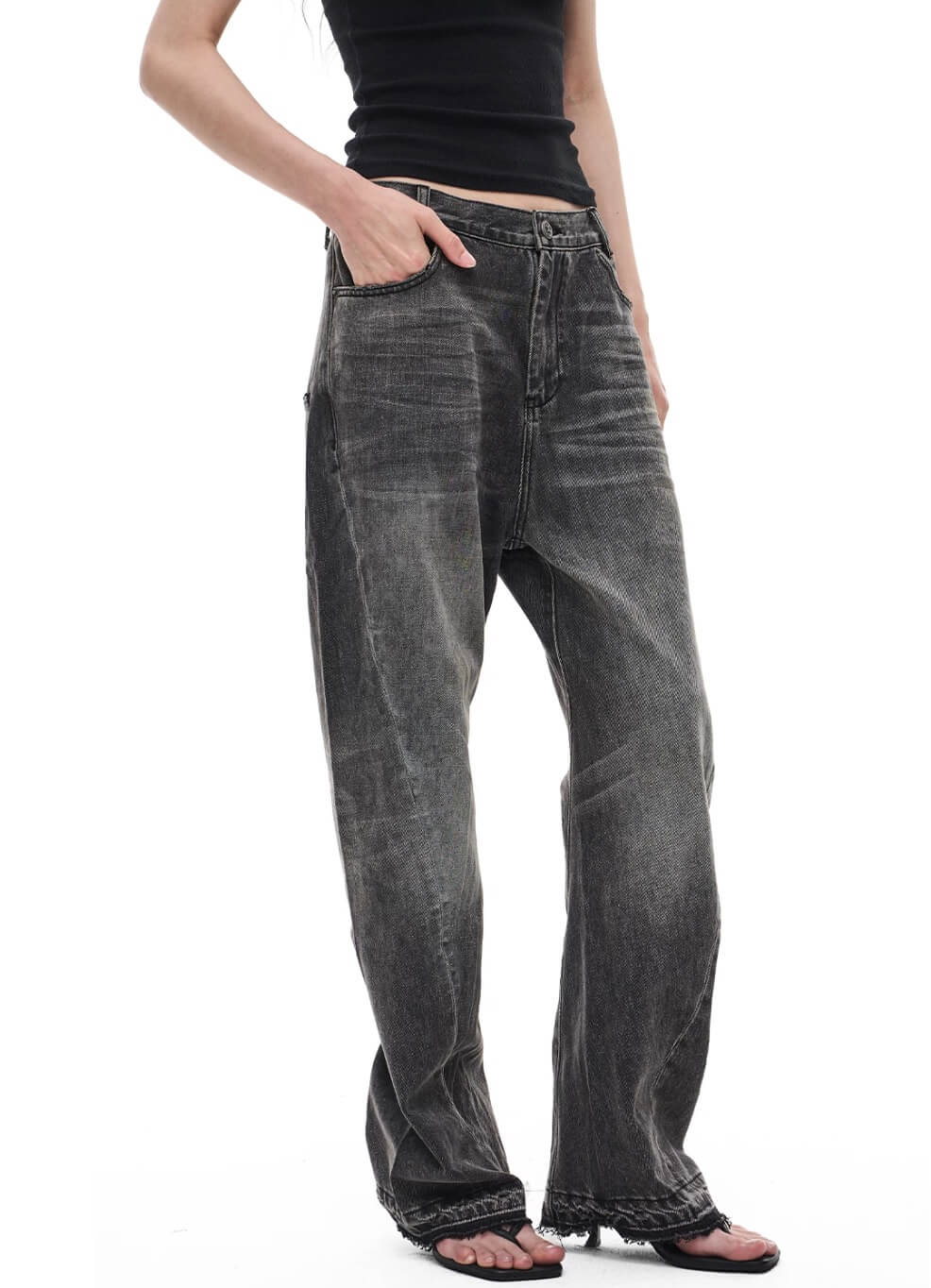 EXITMODE BY BLIND NO PLAN Black Washed Distressed Curved Jeans | Face 3 Face