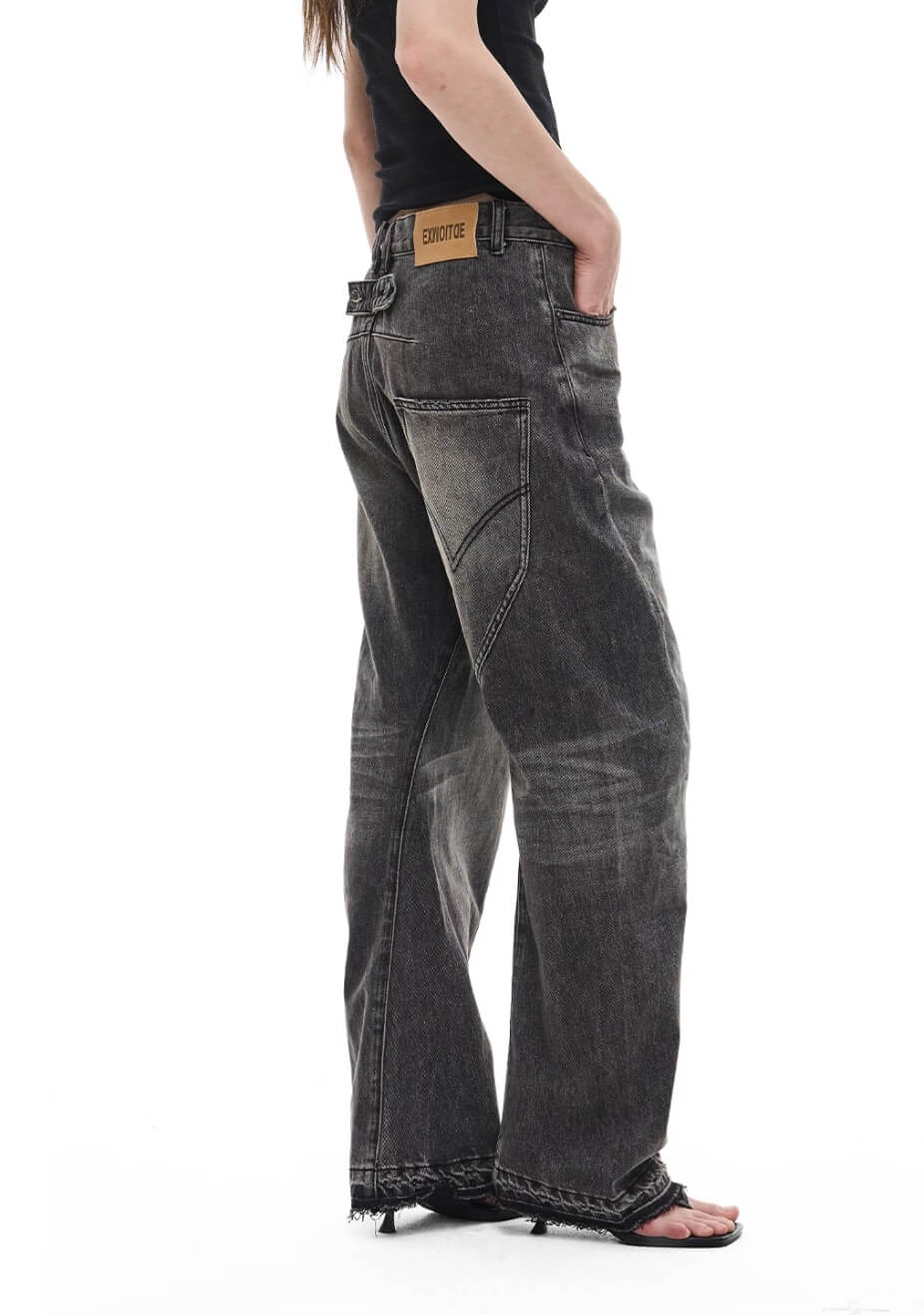 EXITMODE BY BLIND NO PLAN Black Washed Distressed Curved Jeans | Face 3 Face