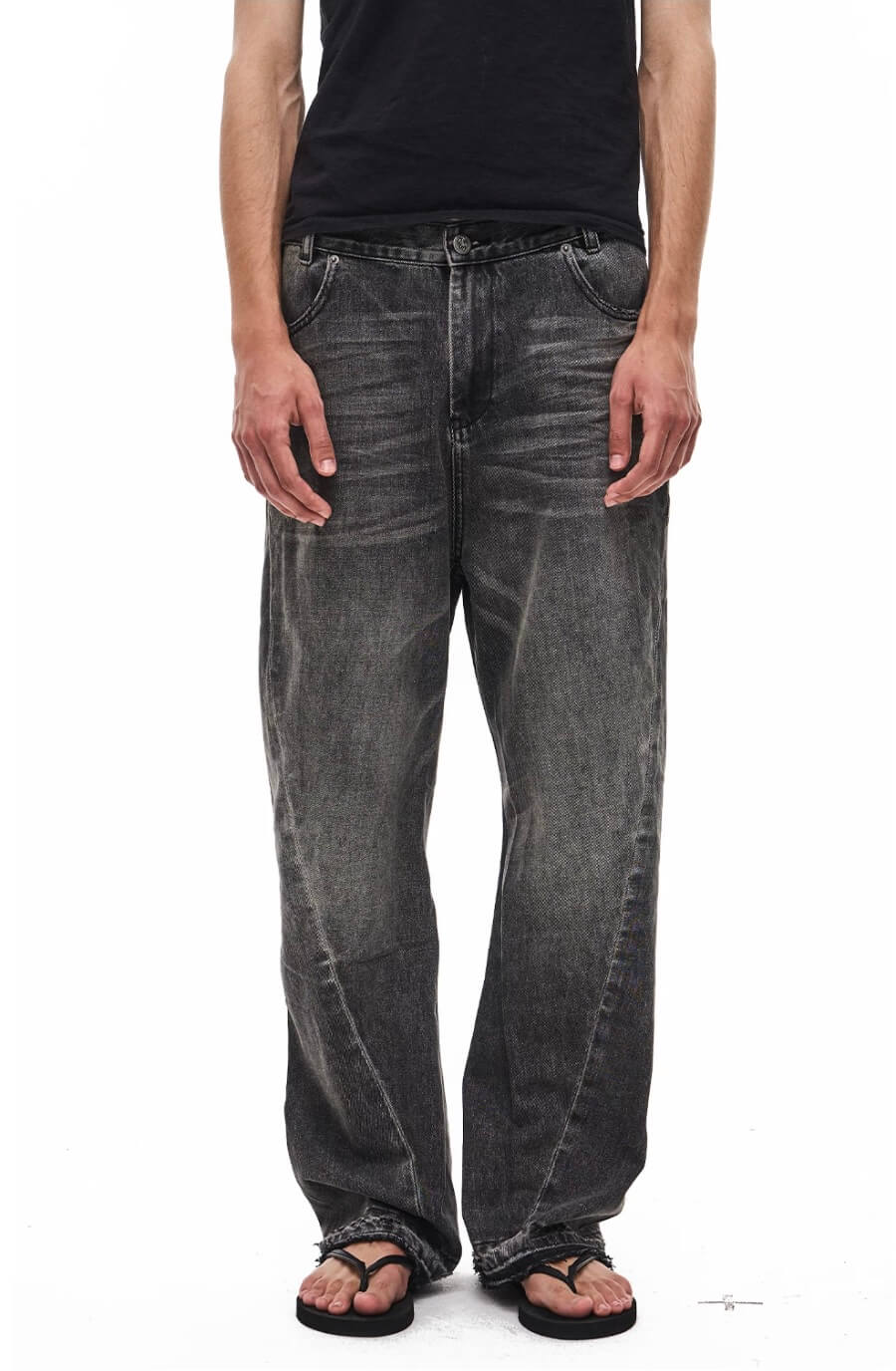 EXITMODE BY BLIND NO PLAN Black Washed Distressed Curved Jeans | Face 3 Face