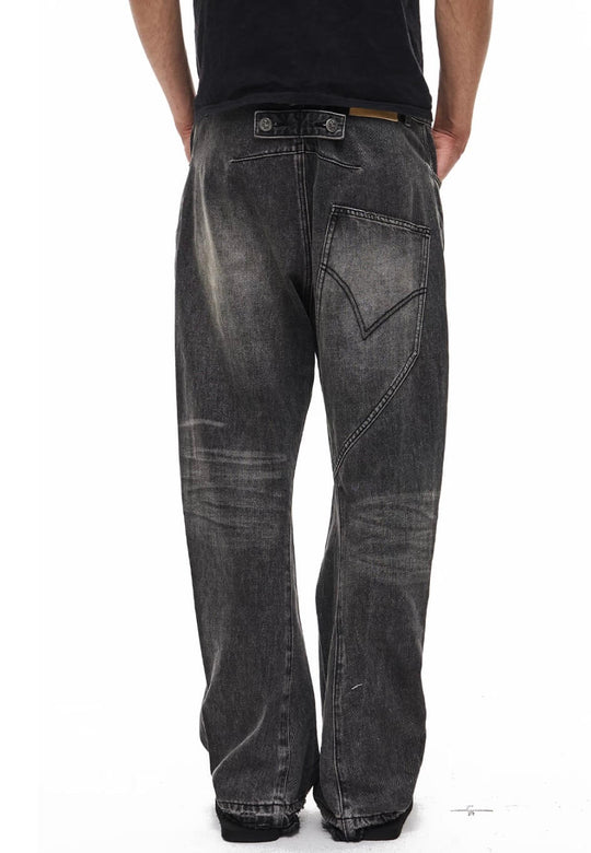 EXITMODE BY BLIND NO PLAN Black Washed Distressed Curved Jeans | Face 3 Face