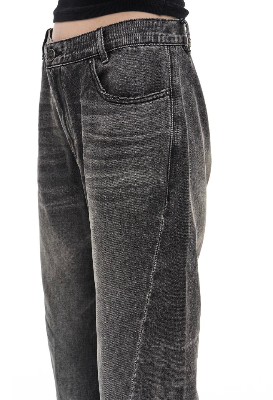 EXITMODE BY BLIND NO PLAN Black Washed Distressed Curved Jeans | Face 3 Face