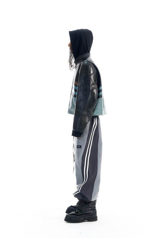 EXITMODE BY BLIND NO PLAN Vintage Distressed PU Leather Short Racing Jacket | Face 3 Face