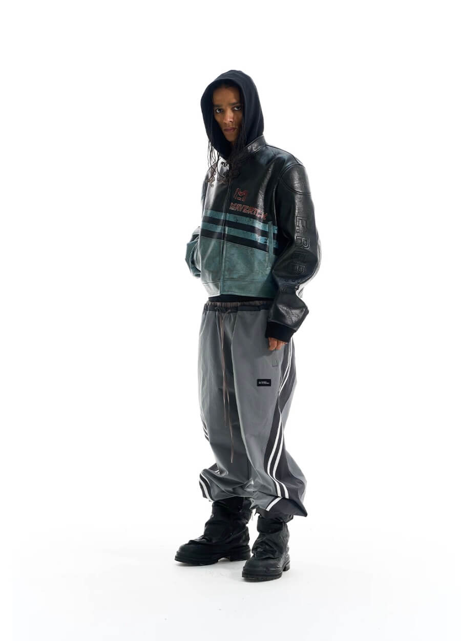 EXITMODE BY BLIND NO PLAN Vintage Distressed PU Leather Short Racing Jacket | Face 3 Face
