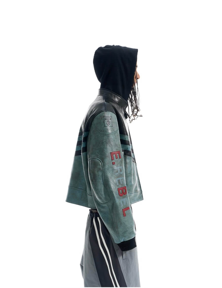 EXITMODE BY BLIND NO PLAN Vintage Distressed PU Leather Short Racing Jacket | Face 3 Face