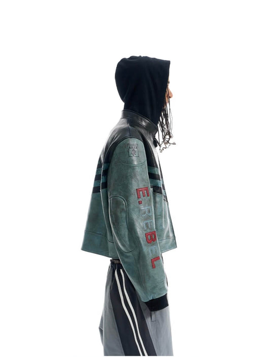 EXITMODE BY BLIND NO PLAN Vintage Distressed PU Leather Short Racing Jacket | Face 3 Face