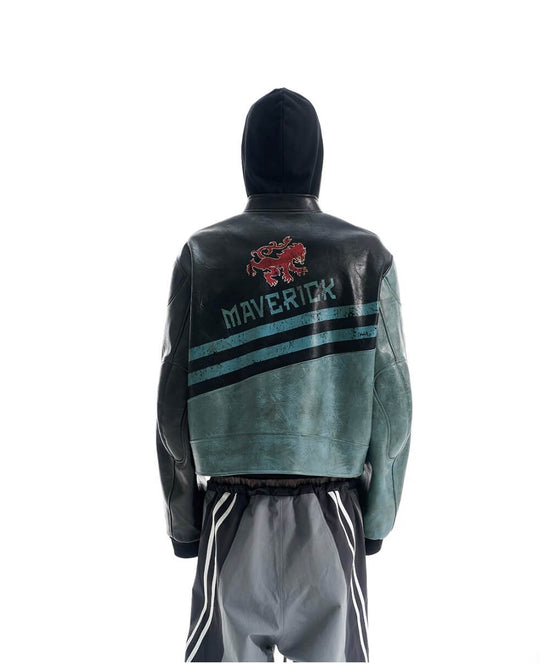 EXITMODE BY BLIND NO PLAN Vintage Distressed PU Leather Short Racing Jacket | Face 3 Face