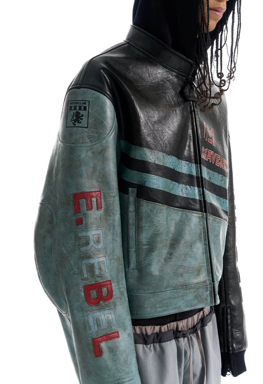 EXITMODE BY BLIND NO PLAN Vintage Distressed PU Leather Short Racing Jacket | Face 3 Face