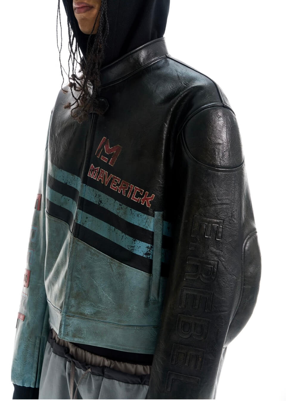 EXITMODE BY BLIND NO PLAN Vintage Distressed PU Leather Short Racing Jacket | Face 3 Face